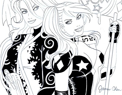POISON IVY & HARLEY QUINN ORIGINAL COMIC ART BLACK INK