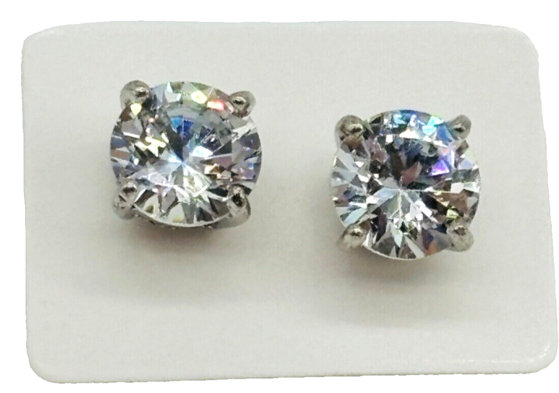 Large CZ Solitaire Post Earrings Silvertone Setti… - image 1