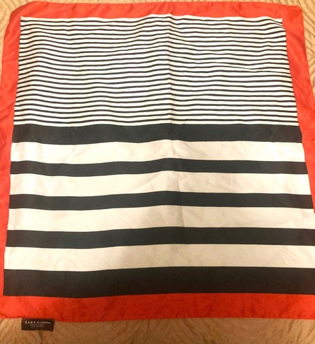 Zara Hand Rolled Hem Silk Scarf Red White Black BOHO Stripes 20" x 20"