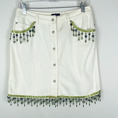 Gap Y2K Snap Button White Denim Skirt W/ Fringe Detailing Boho Western Sz 