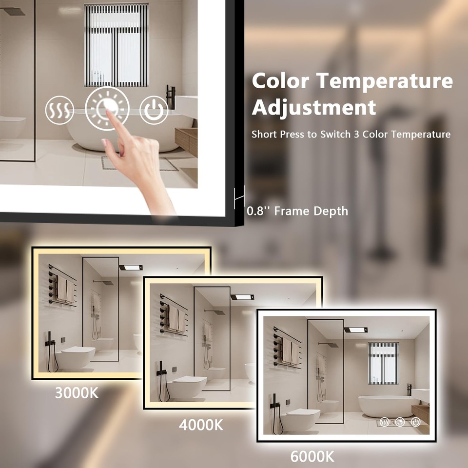 36”x28” Framed LED Bathroom Mirror,Black Framed Mirror for Bathroom