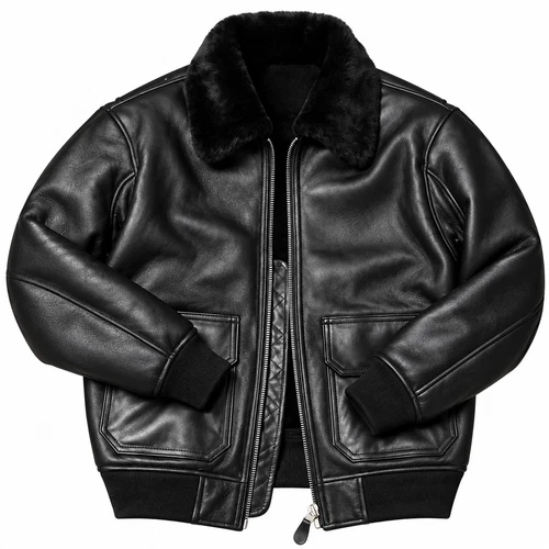 Men’s Genuine Leather Shearling Bomber Jacket Black Fur Lined Warm Winter Coat - product listing photo