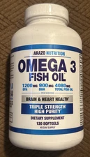 Arazo Nutrition Wild Caught Omega 3 Fish Oil 120 Softgels 4,080mg Exp 6/26 New