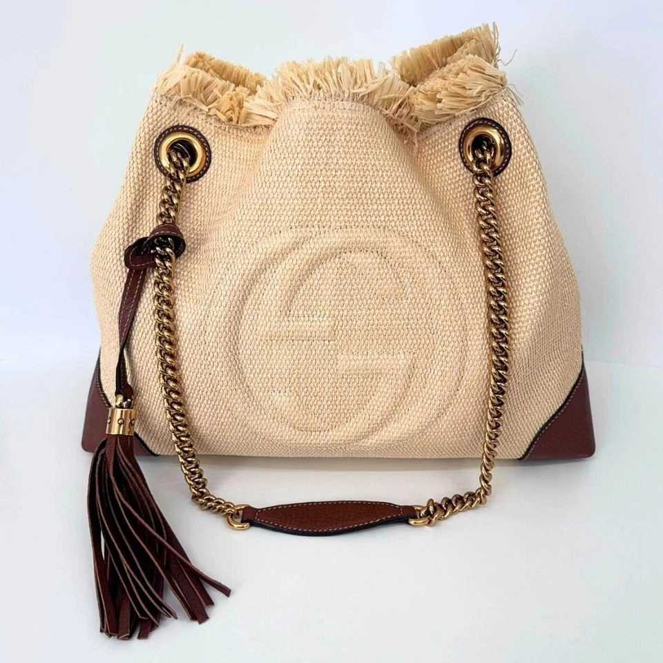 Bolso de hombro GUCCI Soho 308982 de paja y cuero con correa de cadena Foto 2 de 4