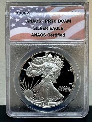 1988-S American SILVER Eagle 1 oz .999 Proof Coin ANACS PR70 DCAM Flag Label