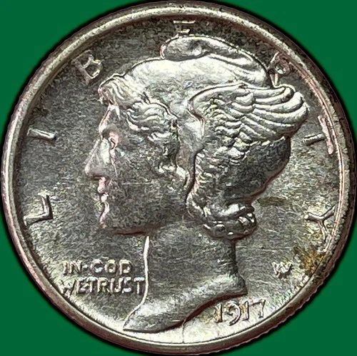 1917-S Mercury Dime Choice Almost Uncirculated AU+ Coin, Cleaning #36631