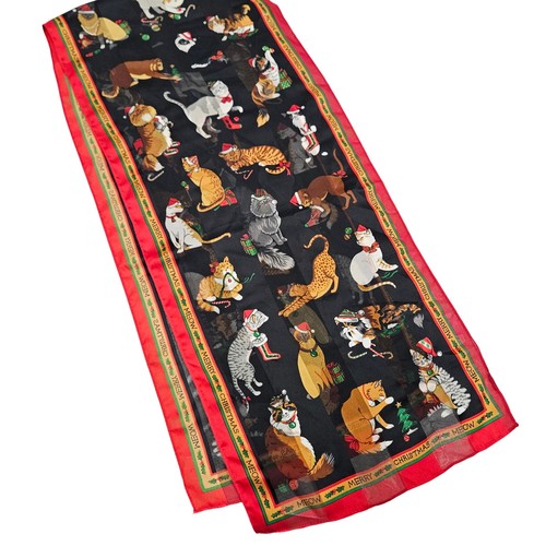 Christmas Cat Scarf Women Black Red Meow Holiday Cat Lover Novelty Sheer