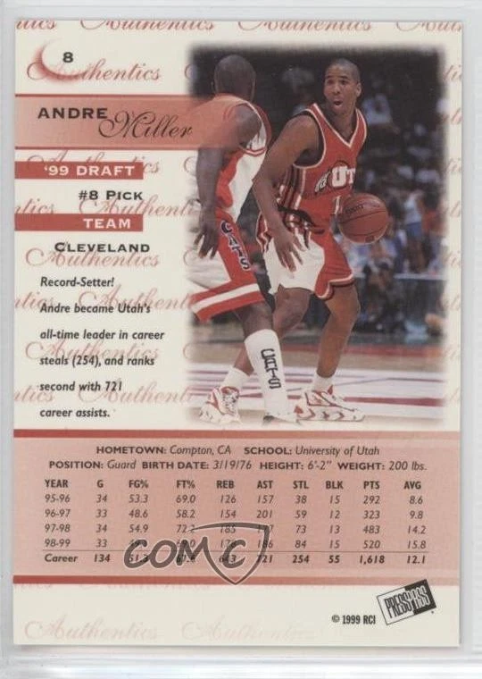 1999 Press Pass Authentics Andre Miller #8 Rookie RC - Image 2 of 2