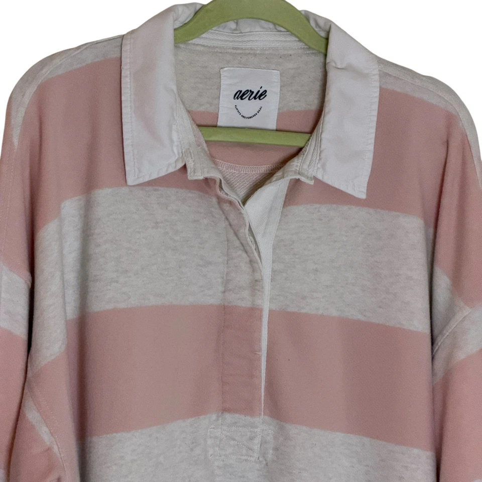 Aerie Sporty Prep Rugby Polo Sudadera Polar Top Camisa Rayas Rosa XL Foto 2 de 4