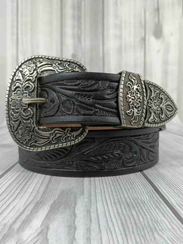 Western Cowboy Hand Tooled Leather Belt 3 Piece Engraved Buckle Set Mens