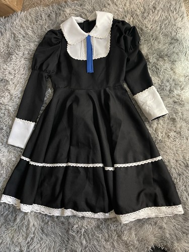 Black Gothic Lolita Puff Sleeve Dress w/ White Collar Cuffs & Lace Trim Small