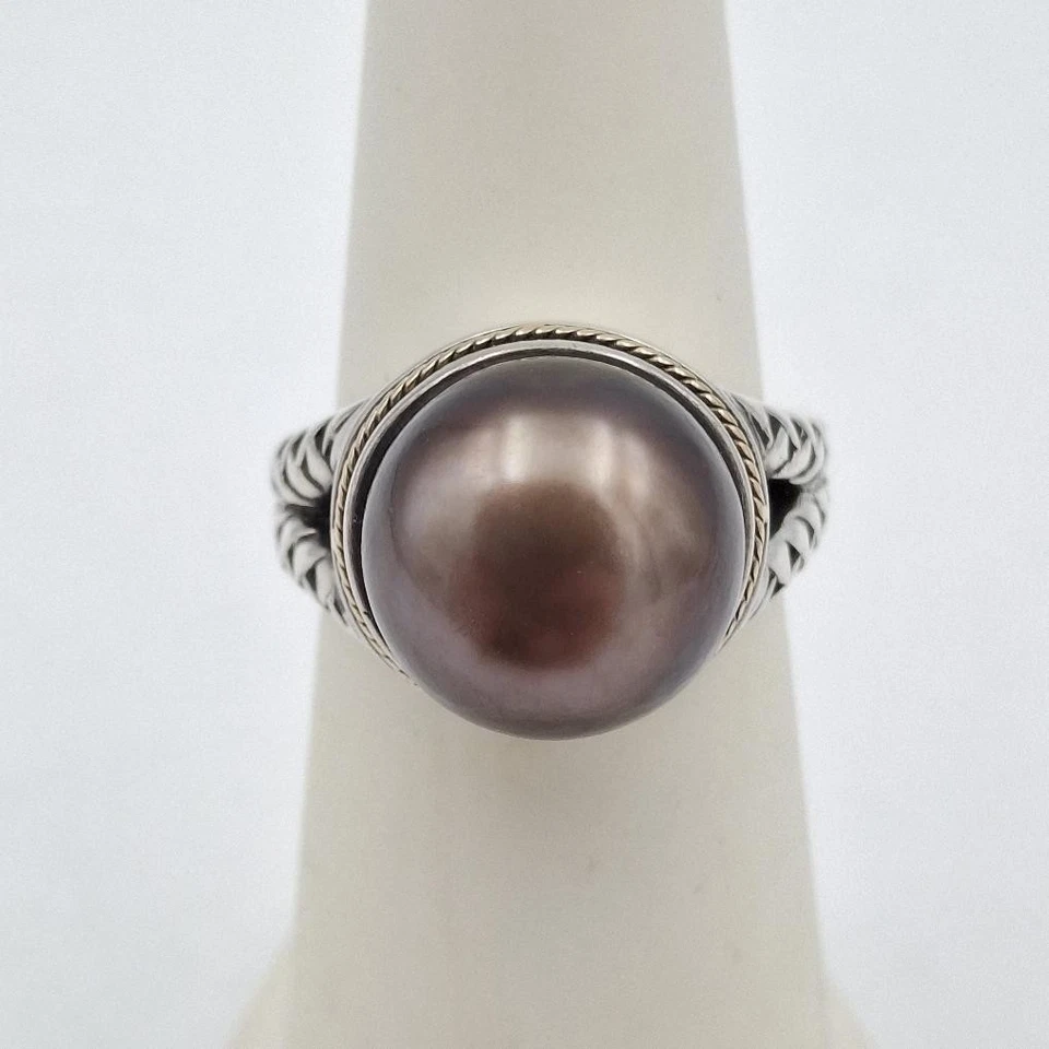 Anillo de cóctel EFFY de plata de ley 925 y oro de 18 quilates marrón/púrpura negro perla talla 5 Foto 2 de 4