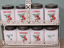 1950s Tipp City Cherry Spice Jars And Tilt Rack Milk Glass