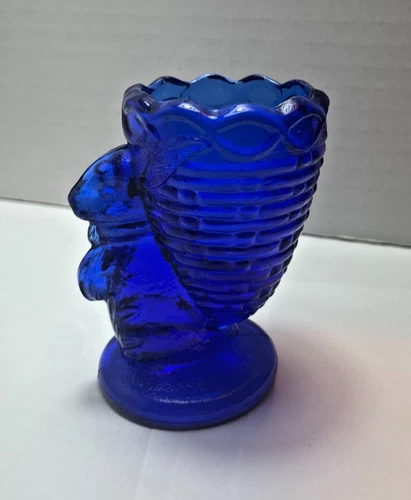 Vintage Bunny Rabbit with Basket Weave Egg Cup Fenton Cobalt Blue Glass