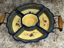 Home & Garden Pottery Chip and Dip RelishTray & Bowl With Black Iron Holder VGUC