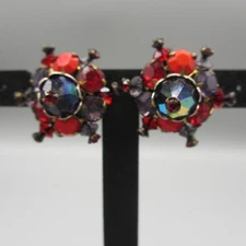 Vintage Alice Caviness Earrings Rhinestone AB Multicolor Clip On