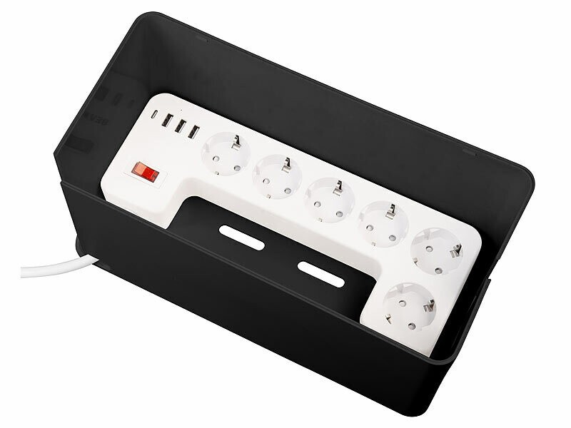Multiprise 6 prises avec boîte de rangement noire et multiprise 4 ports USB pour bureau et salon