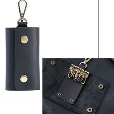 Black Cowhide Leather Car Key Chain Keys Holder Pouch Case Wallet Organizer Bag