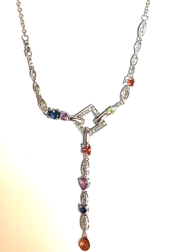 DIAMOND AND MULTI COLOR SAPPHIRE 14K WHITE GOLD NECKLACE - Picture 4 of 9