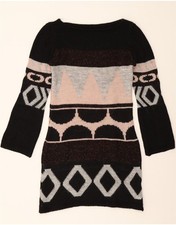 VINTAGE Womens Long Sleeve Jumper Dress UK 10 Small Black Geometric BE02