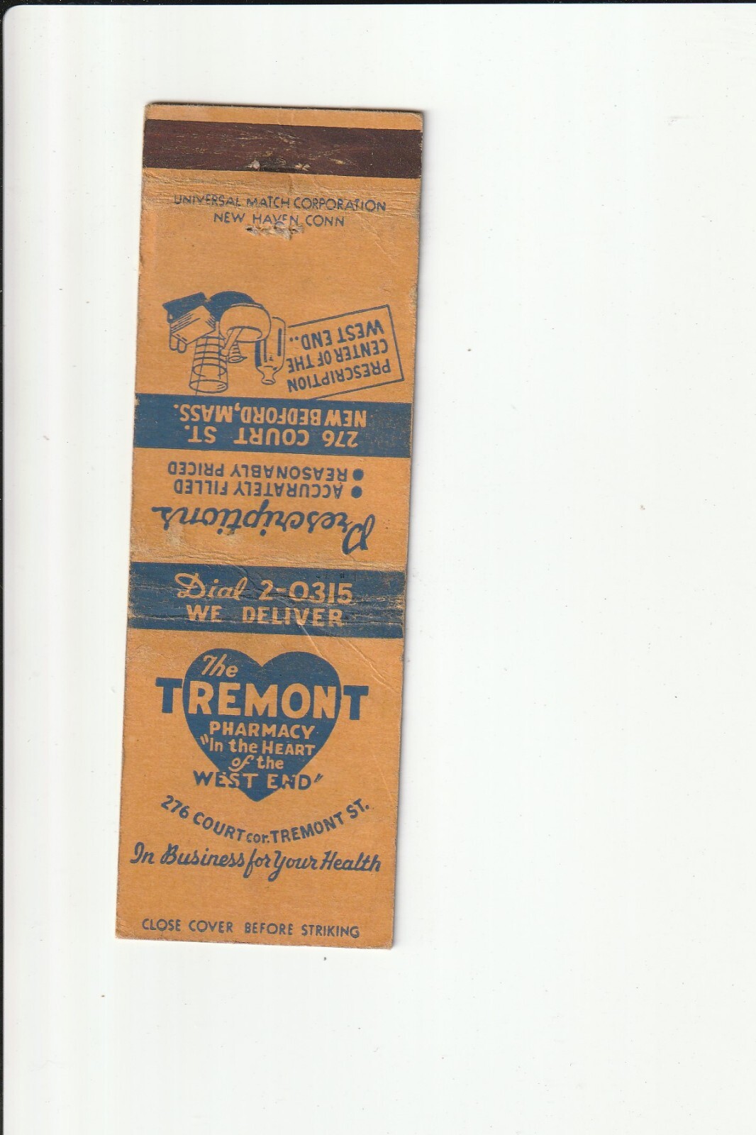 THE TREMONT PHARMACY 276 COURT ST. NEW BEDFORD MASS. VINTAGE MATCHBOOK