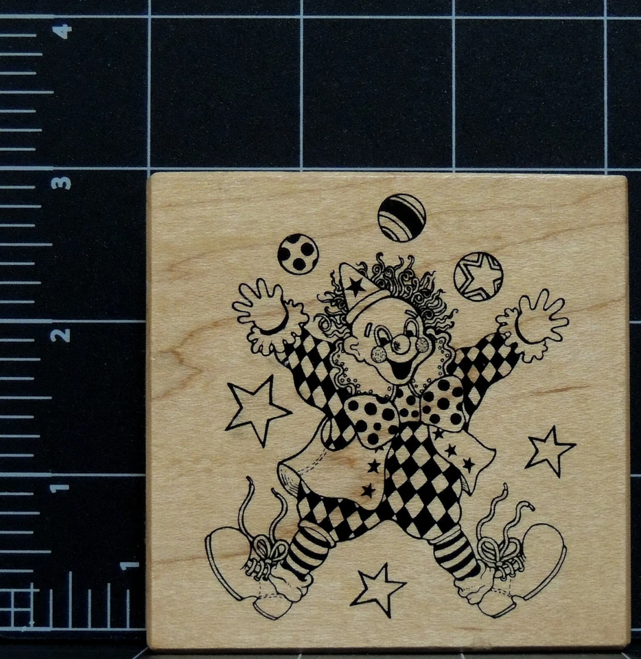 Malabares Feliz Fiesta Payaso Estrellas Madera Dura Bloque Goma Sello G-053 PSX 3" X 3" Foto 2 de 4