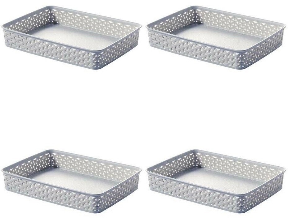 4x Curver Nestable Rattan Organiser Storage Plastic Wicker A4 Paper Tray - Grey