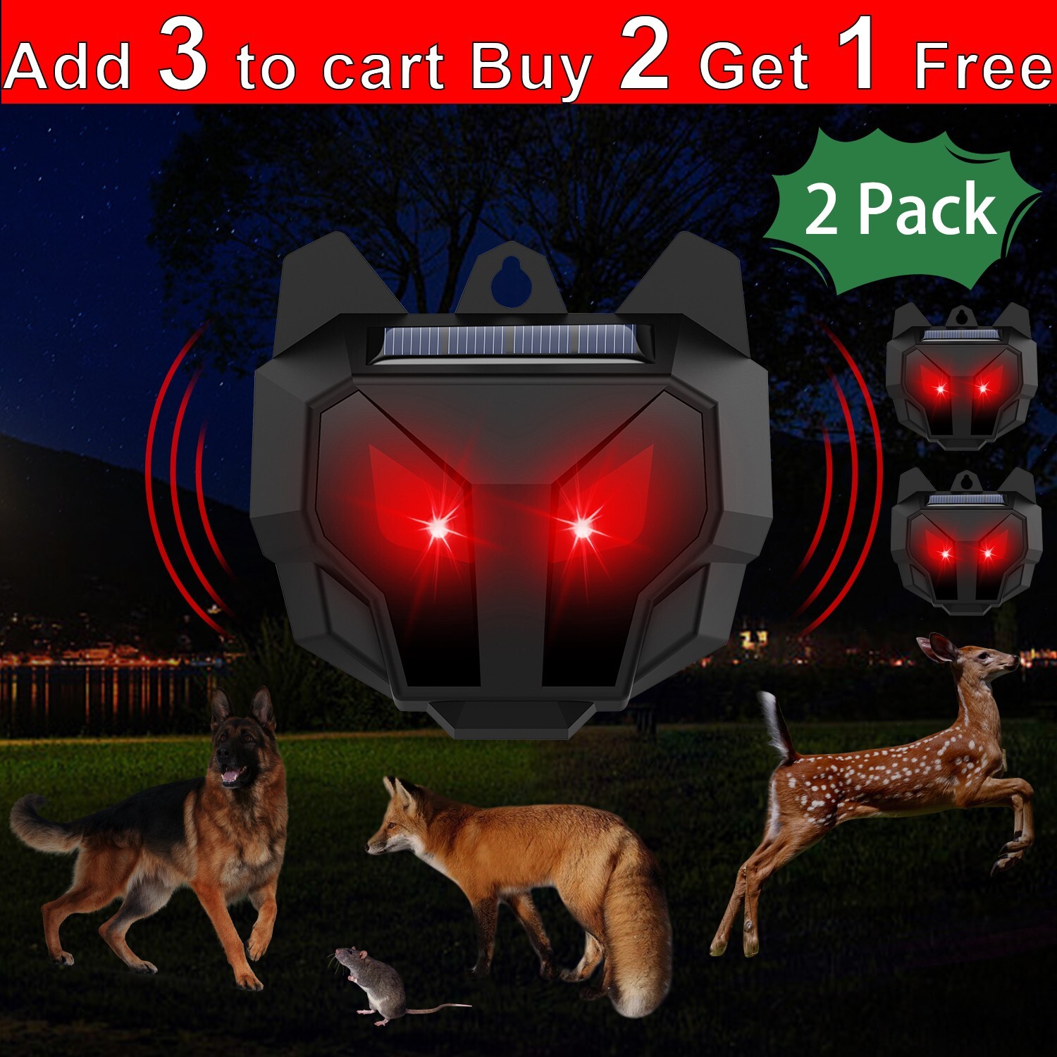 Solar Wild Animal Repeller Predator Guard LED Deterrent Night Light For