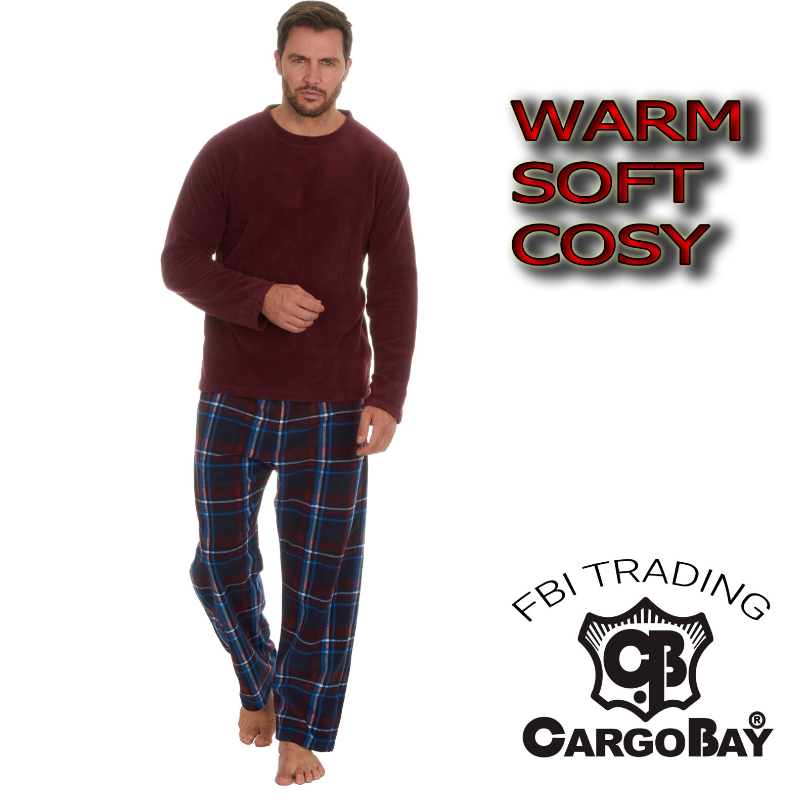Mens Fleece Pyjamas Sets long sleeve winter warm pjs eBay