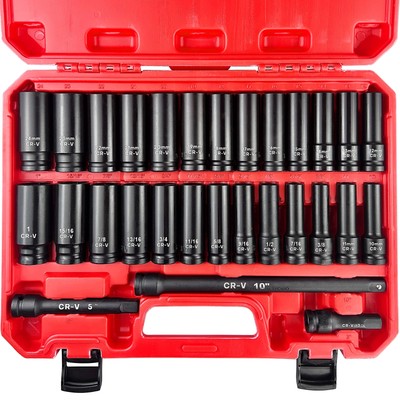 29pcs 12 Socket Set Drive Deep Impact Socket Set Including 3  5 10 Impact Extens