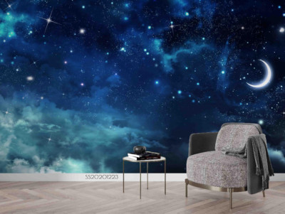 3D Moon Star Blue Sky Night Scene Self-adhesive Removeable Wallpaper Wall Mural