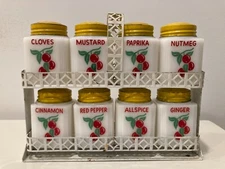 MCKEE TIPP CITY SPICE RACK AND JARS SHAKERS CHERRY WITH YELLOW LIDS FULL SET (8)