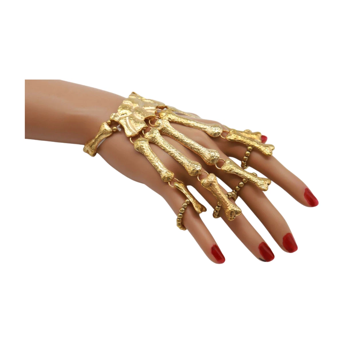 Women Gold Metal Bracelet 5 Long Finger Bone Skeleton Ring Pirate