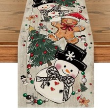 Snowman Gingerbread Xmas Pine Merry Christmas 13" x 72", Table Runner Wood