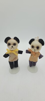 Pair of Sawdust Stuffed Celluloid Head Panda Bears. 5'' tall. Vintage w/Stands