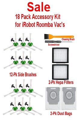 18 Pack Kit 12 Brushes 2 Filters 2 Bag for iRobot Roomba i7 j7 i3 i4 i7 E5 E6 E7