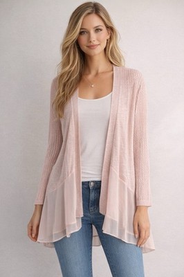   August Silk Blush Pink Pointelle Knit Cardigan - Chiffon Ruffle Hem - XL