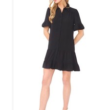 CeCe Womens Black Ruffle Tiered Button Front Shirt Dress Mini Small New