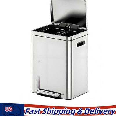 Dual Trash Can 2x5.3 Gal Stainless Steel with Recycling Bin Step-on Garbage Bin