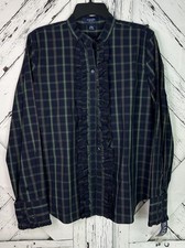Chaps Ruffle Pleated Front Dress Shirt Tartan Blue Plaid Women’s Large Preppy