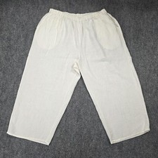 Flax Pants Womens 3G Natural Off White Linen Elastic Waist Wide Leg Pockets Plus