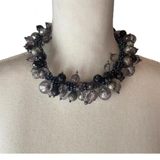 Gray Black beaded choker collar statement necklace glass whimsigoth fairy 20"