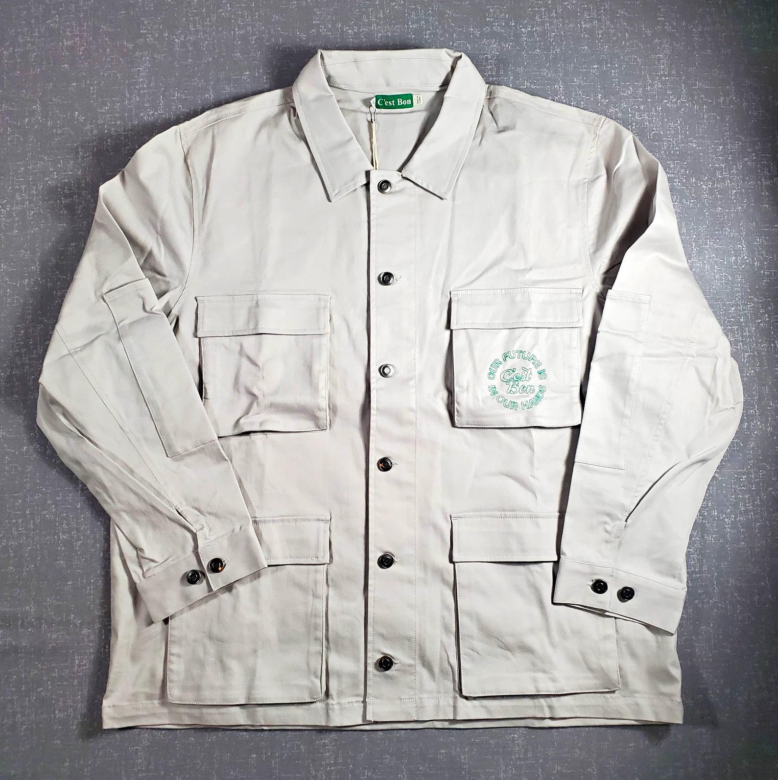 C'est Bon Designer graphic & embroidery Canvas Light Grey Cargo Jacket - product detail image 1