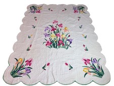 WOW Vintage 40 s Iris Appliqu Hand Made Quilt Flowers Vibrant Scallop 91 x73