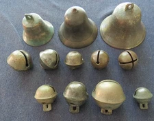 12 VINTAGE BELLS- 7 CROTAL, 2 SLEIGH, 3 CALISTOGA.  AUTHENTIC 1800s- USED