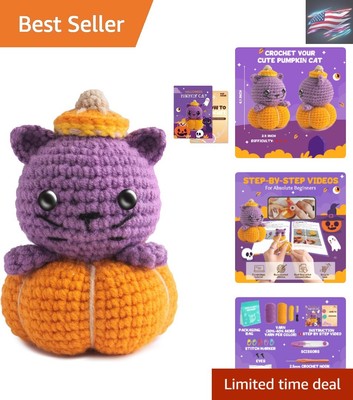 Complete Pumpkin Cat Crochet Kit with Step-by-Step Video Tutorials for Beginners