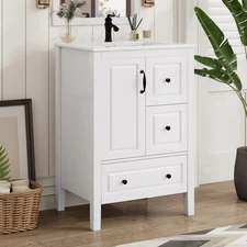 24" Bathroom Vanity One Cabinet w Soft-closing Door 3 Soft-closing Drawers White