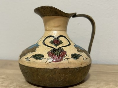 Vintage Brass Enamel Cloisonne Champleve Indian Jug Vase Pitcher Floral Patina