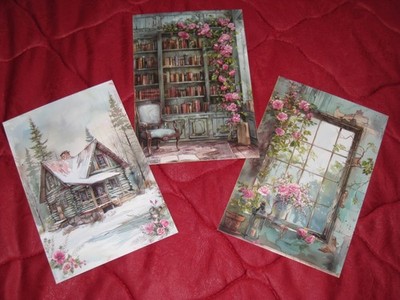 Blanc-Karten 3er Set * Türkisfarbenes Haus mit Rosen * Scrapbooking- oder Junk-J