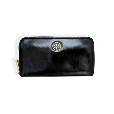 Tory Burch Robinson Zip Wallet Black Patent Leather Gold Logo Long Continental